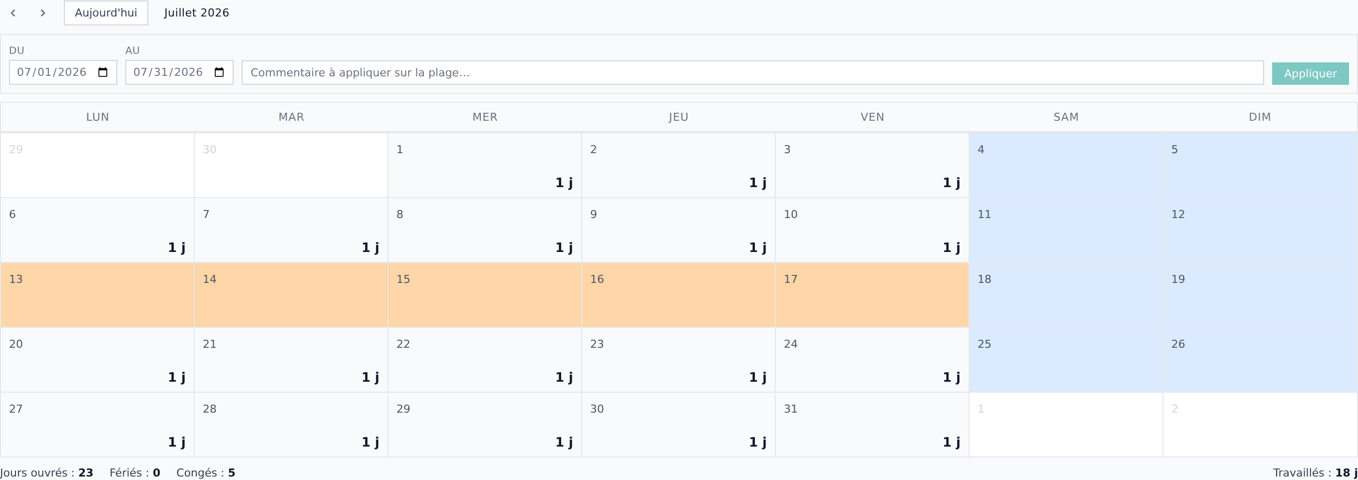 Calendrier CRA mensuel dans easyindep — saisie des jours et congés
